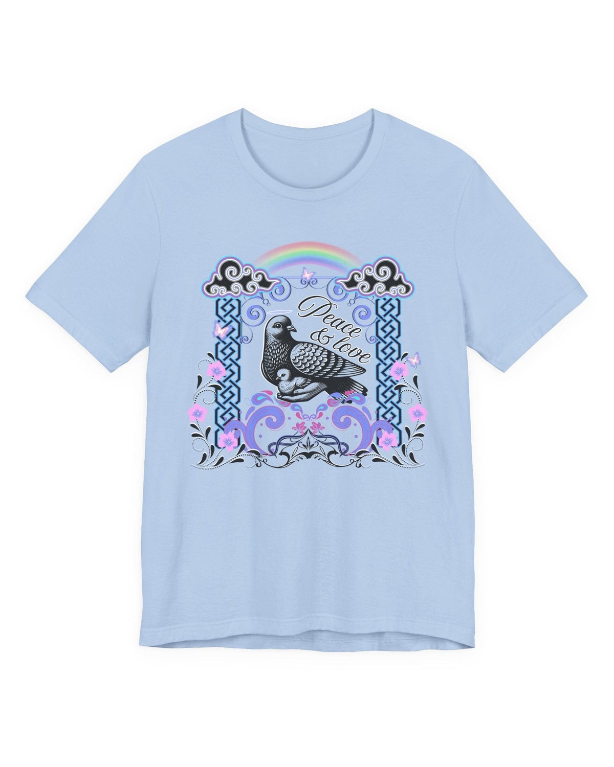 Light blue t-shirt with a graphic design of a dove, rainbow, and decorative elements on a white background