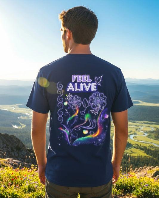 Възхитителна тениска Feel Alive - флорална графика с дъга