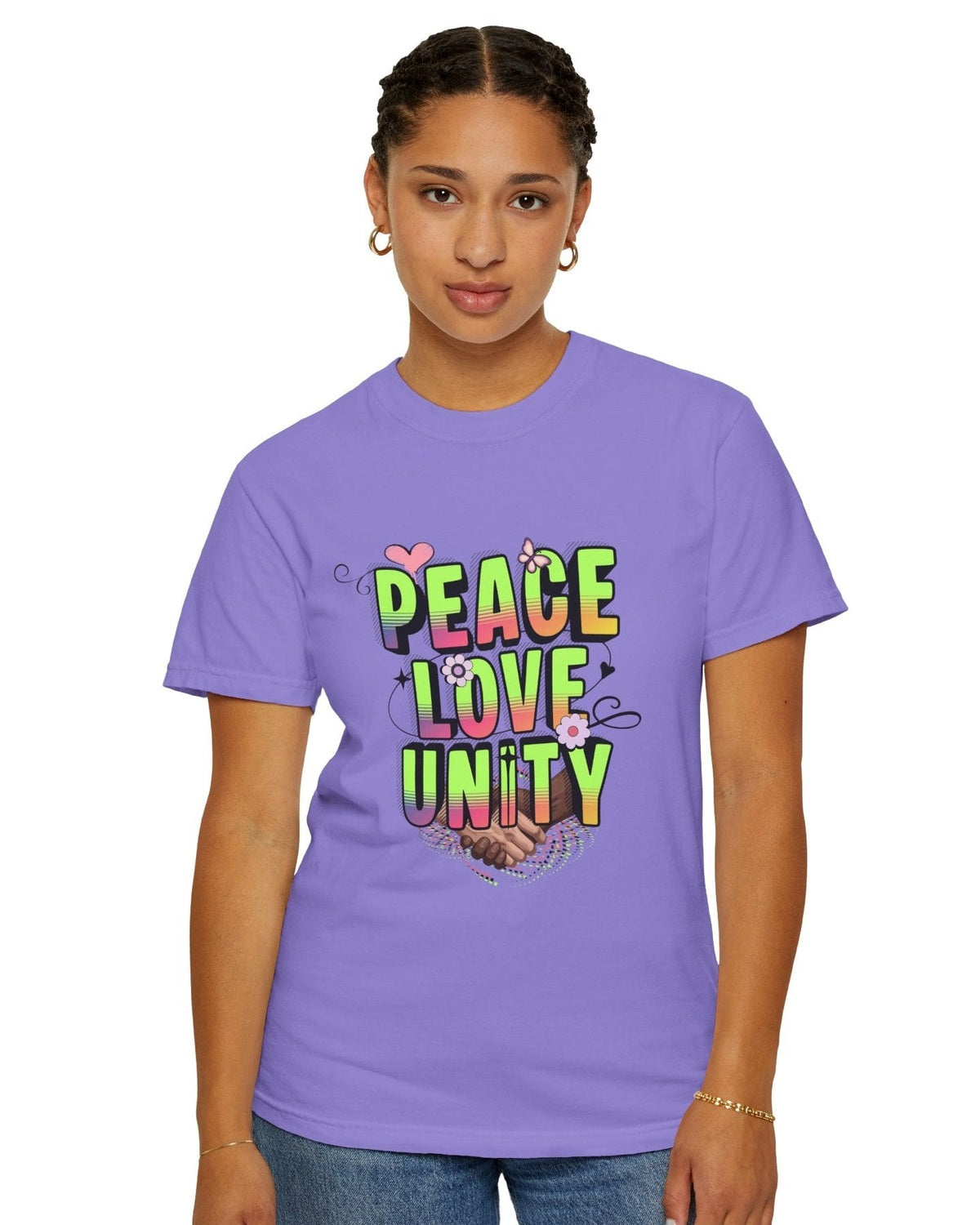 Person wearing a purple t-shirt with 'Peace Love Unity' text and graphic