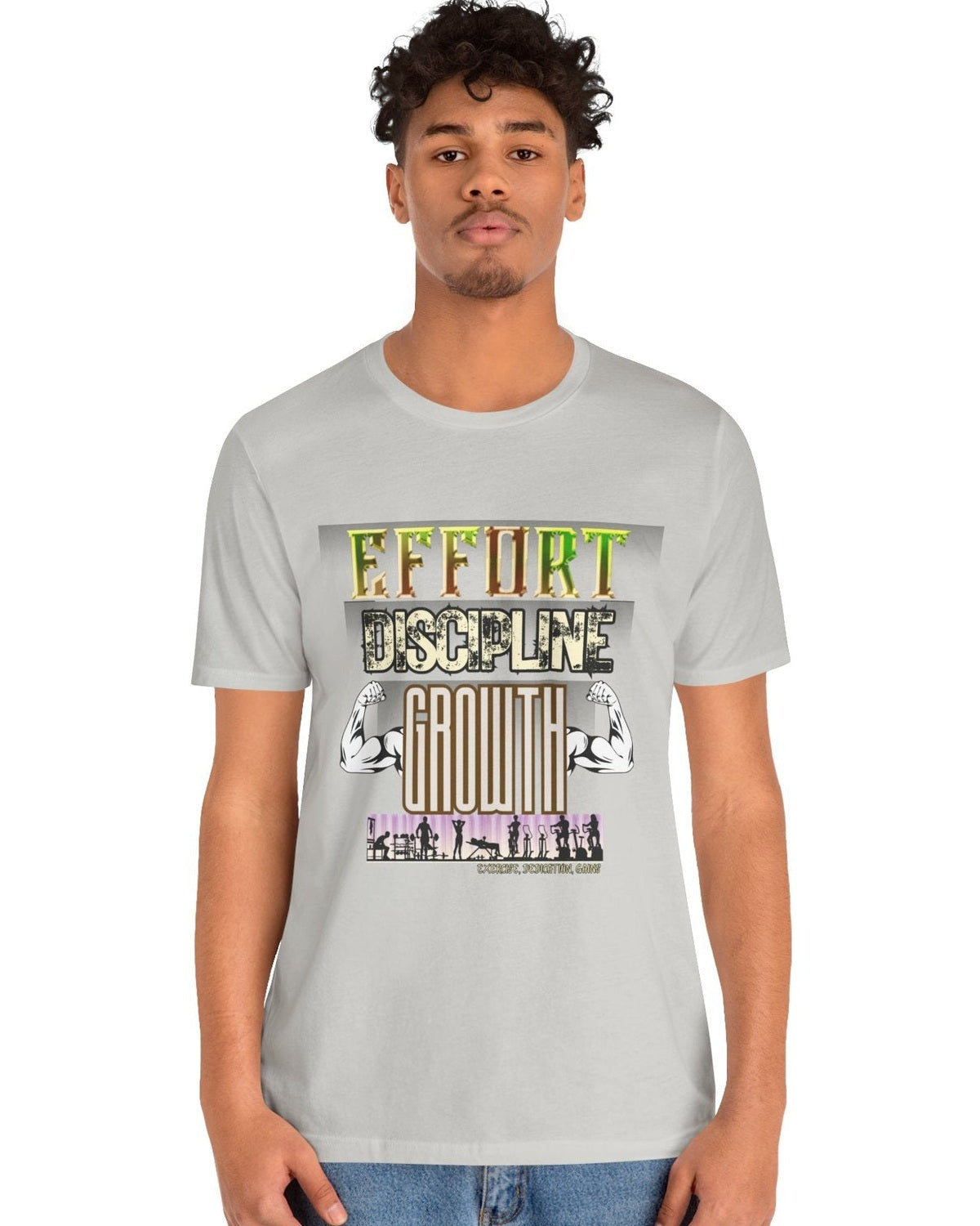 Man wearing a grey t-shirt with motivational gym text 'Effort Discipline Growth' and flexing arms graphic on a white background