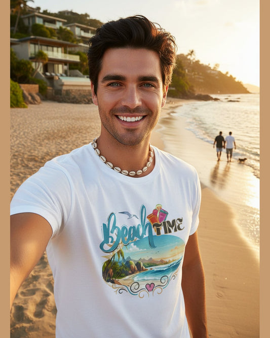 Man wearing White t-shirt with 'Beach Time' graphic design featuring a tropical scene taking a selfie at the beach.
