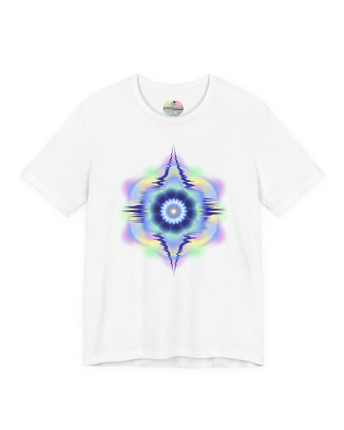 White t-shirt with a colorful geometric design on a white background