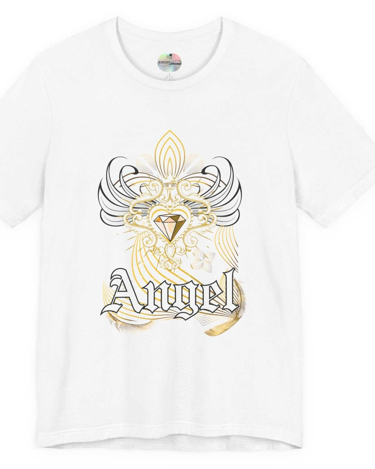 White t-shirt with gold and black 'Angel' design on a white background