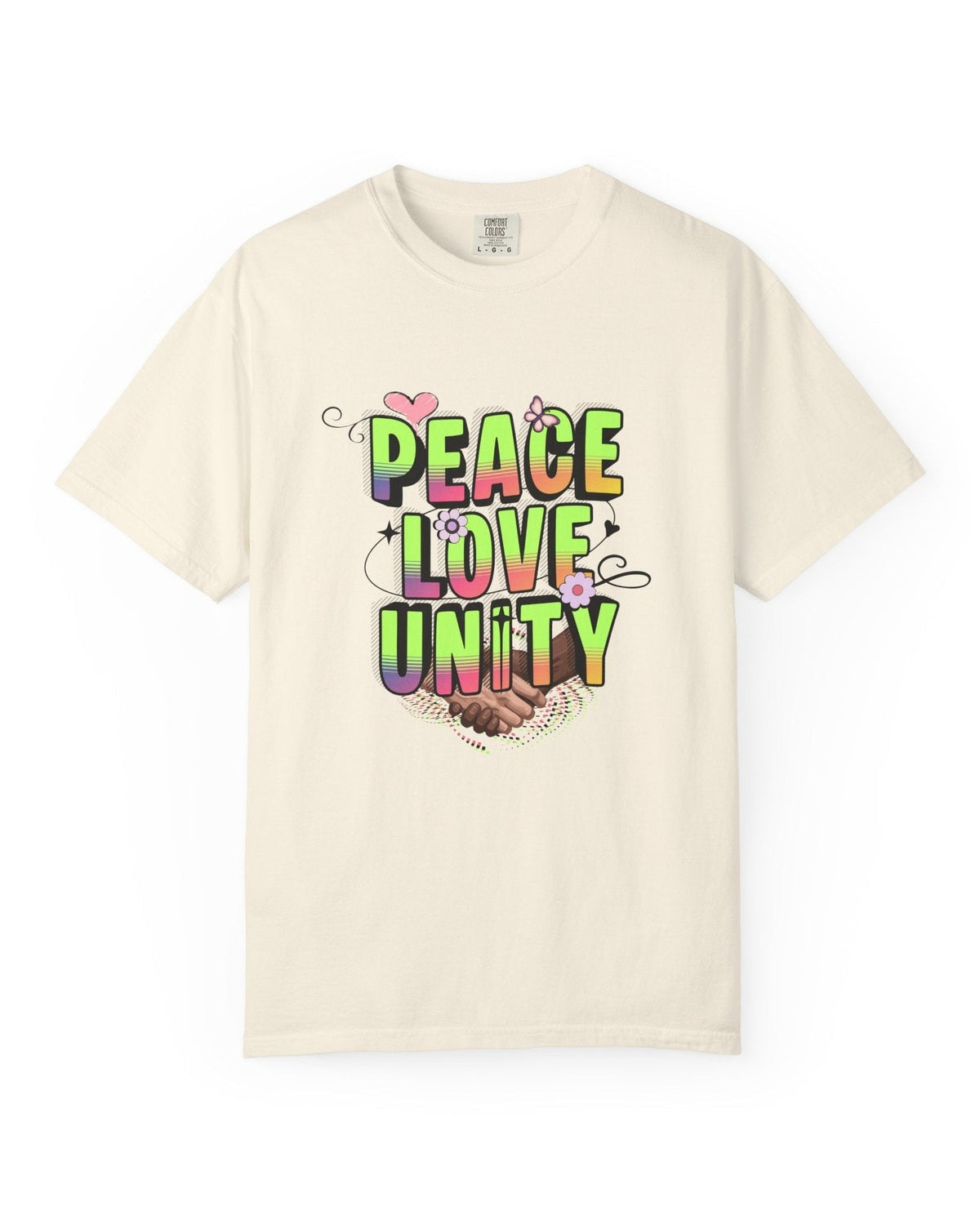 Beige t-shirt with 'Peace Love Unity' text and graphic on a white background