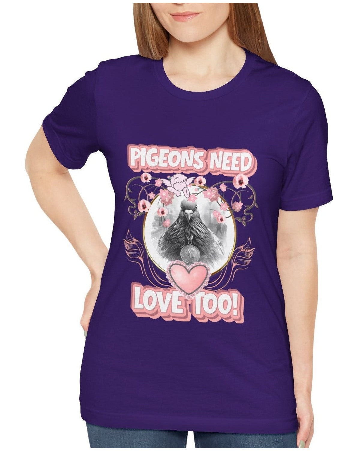 Person wearing a purple t-shirt with a pigeon graphic and text Pigeons need love tooon a white background