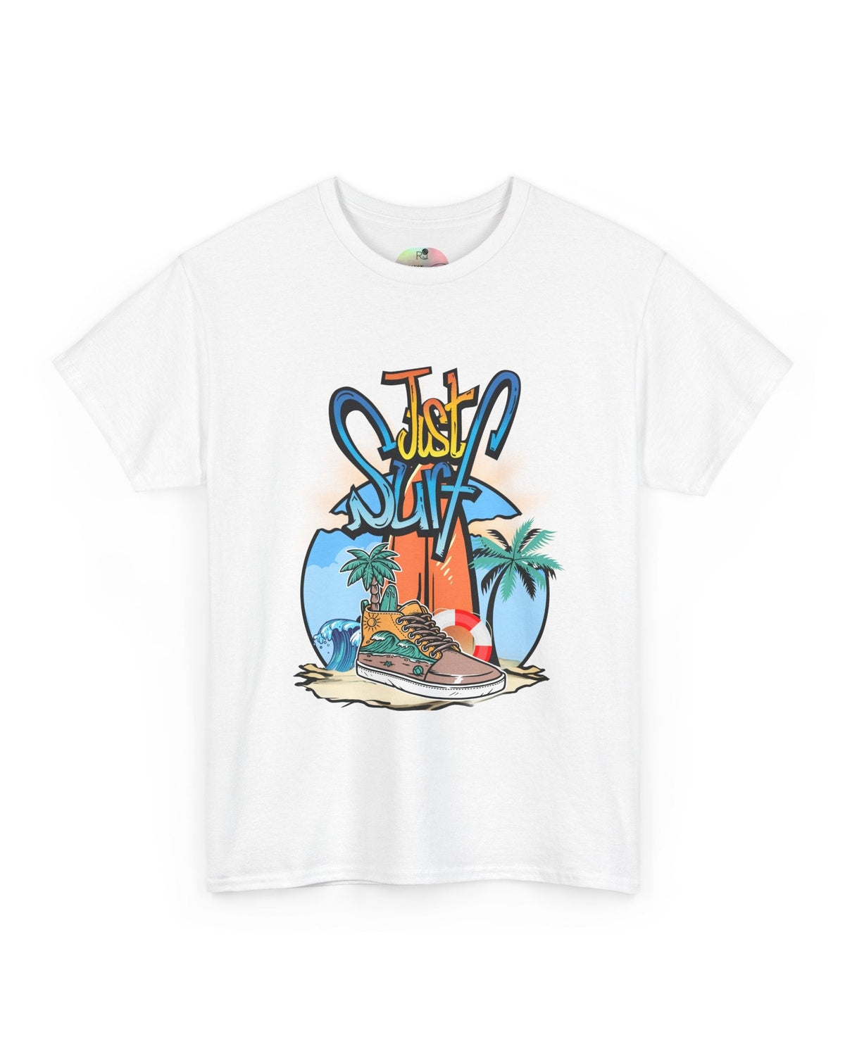 White t-shirt with 'Just Surf' graphic design featuring a shoe, palm trees, and ocean.