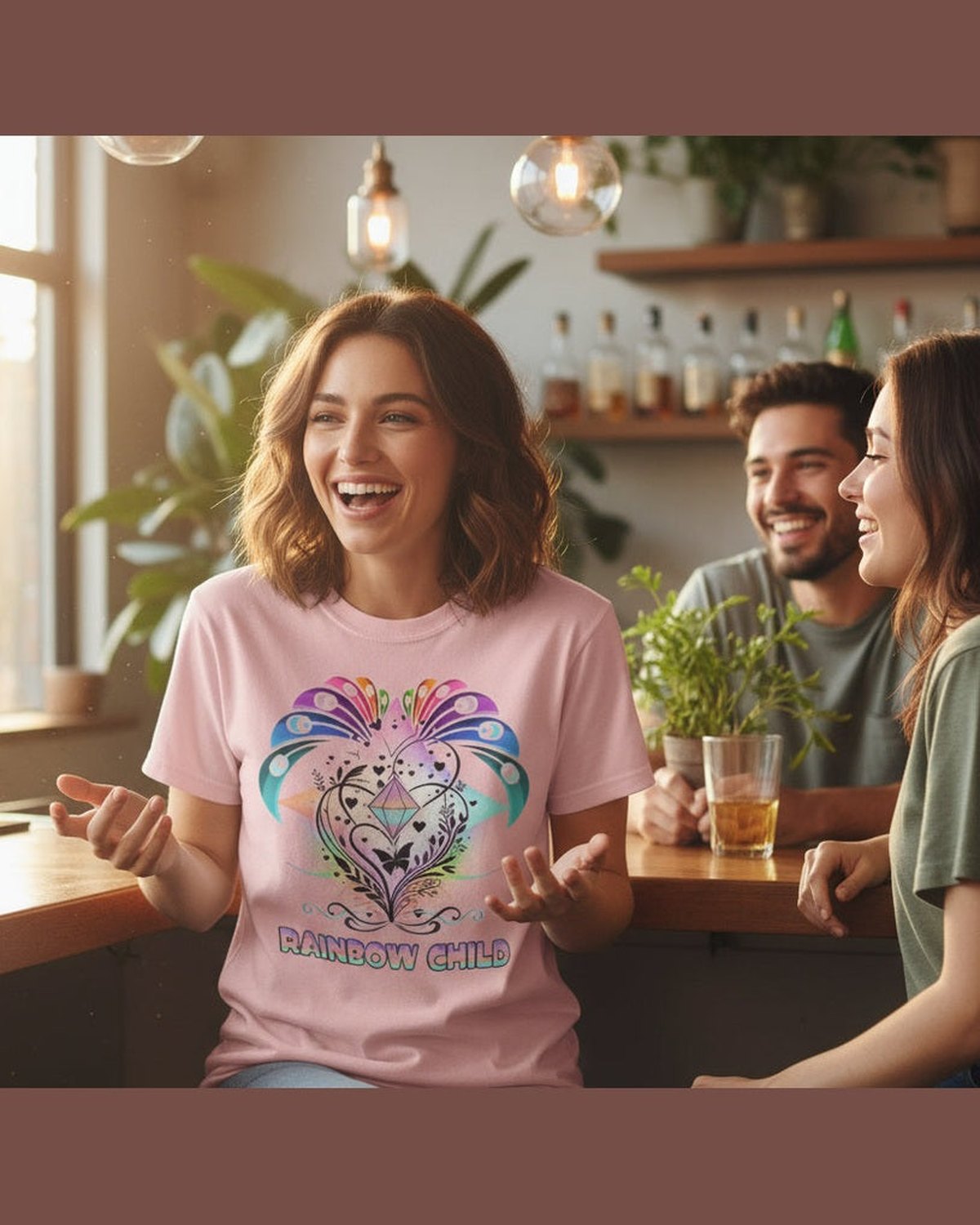 A woman wearing a Pink t-shirt with a colorful diamond design and 'Rainbow Child' text in a bar