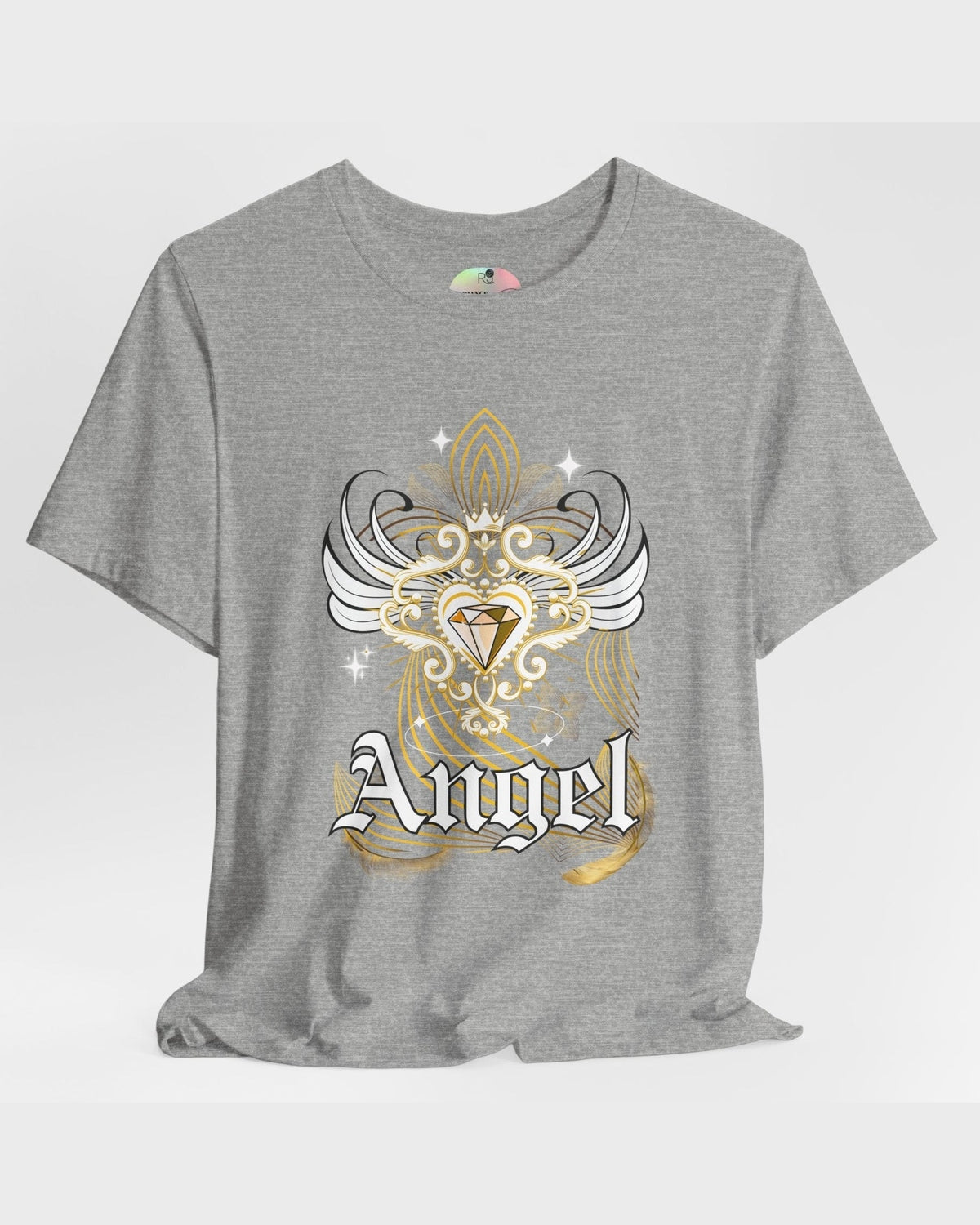 Gray t-shirt with 'Angel' design on a white background