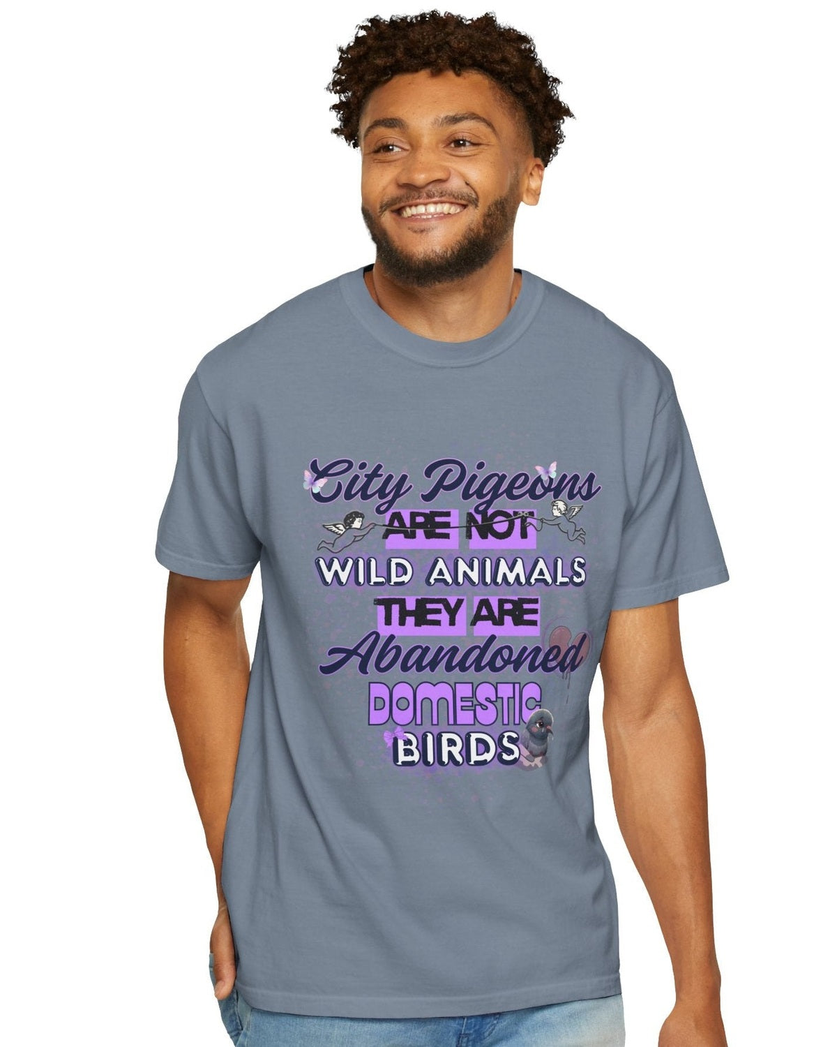 Man wearing a gray t-shirt with a unique pigeon design and text City Pigeons are not wild animals on a white background
