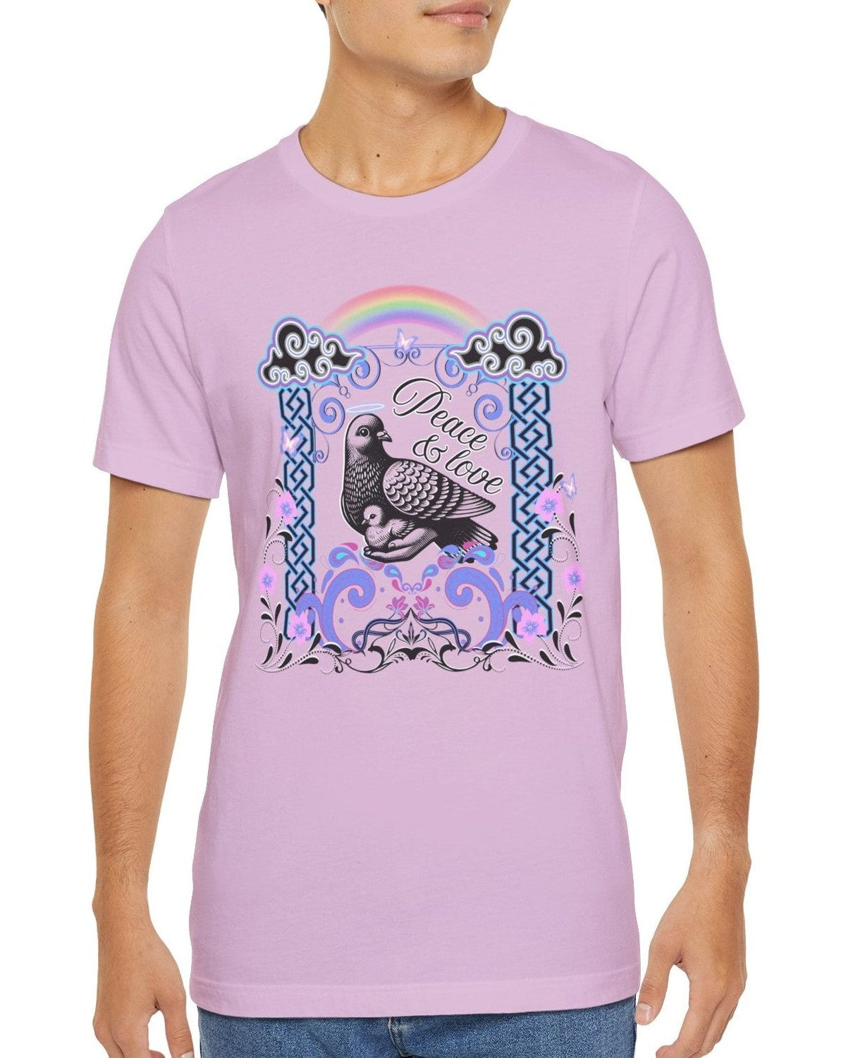 Person wearing a light purple t-shirt with a pigeon graphic design and a text Peace & 
Love on a white background