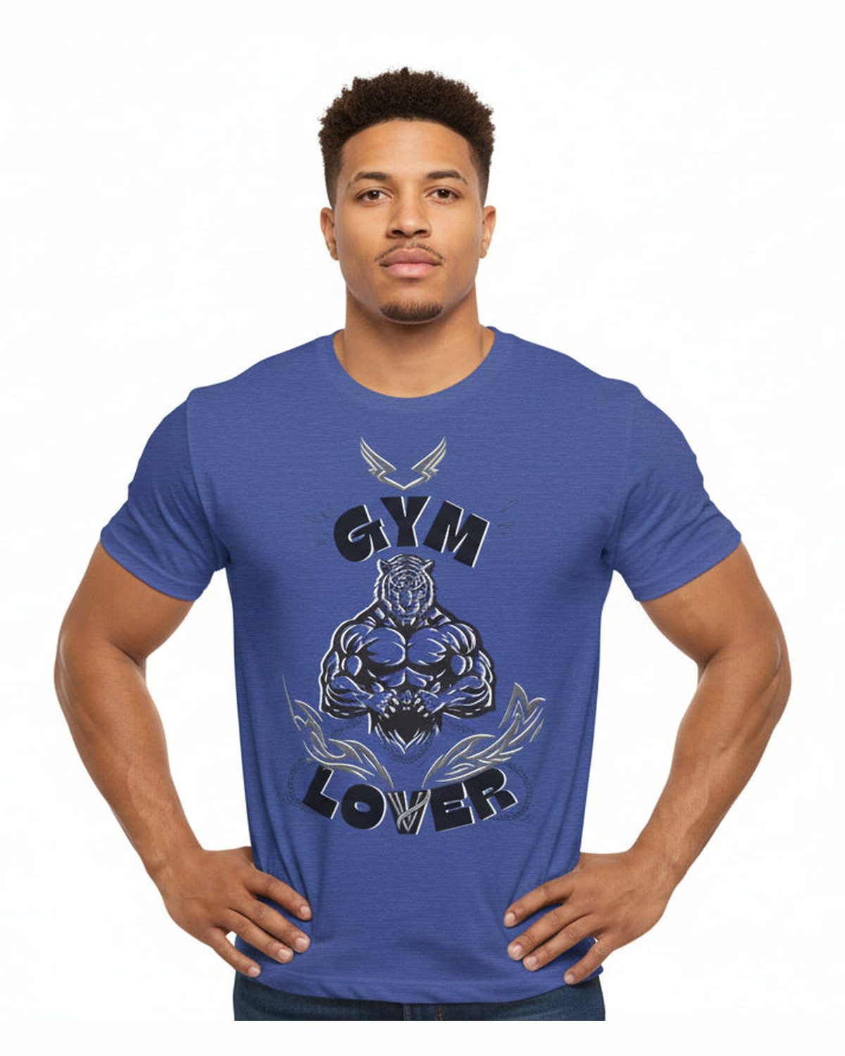 Man wearing a dark blue t-shirt with black graphic design featuring a muscular tiger and 'Gym Lover' text on a white background on a white background