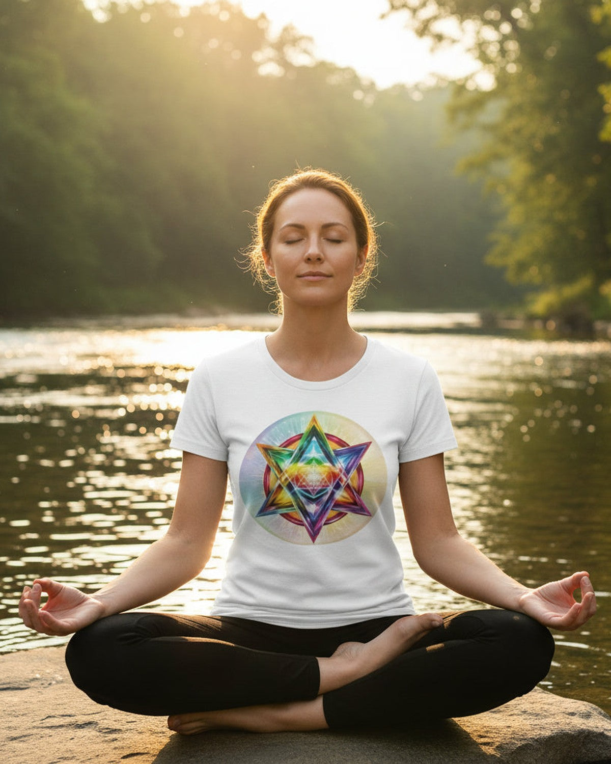 A woman wearing a White t-shirt with a colorful Merkaba design meditating by a lake 