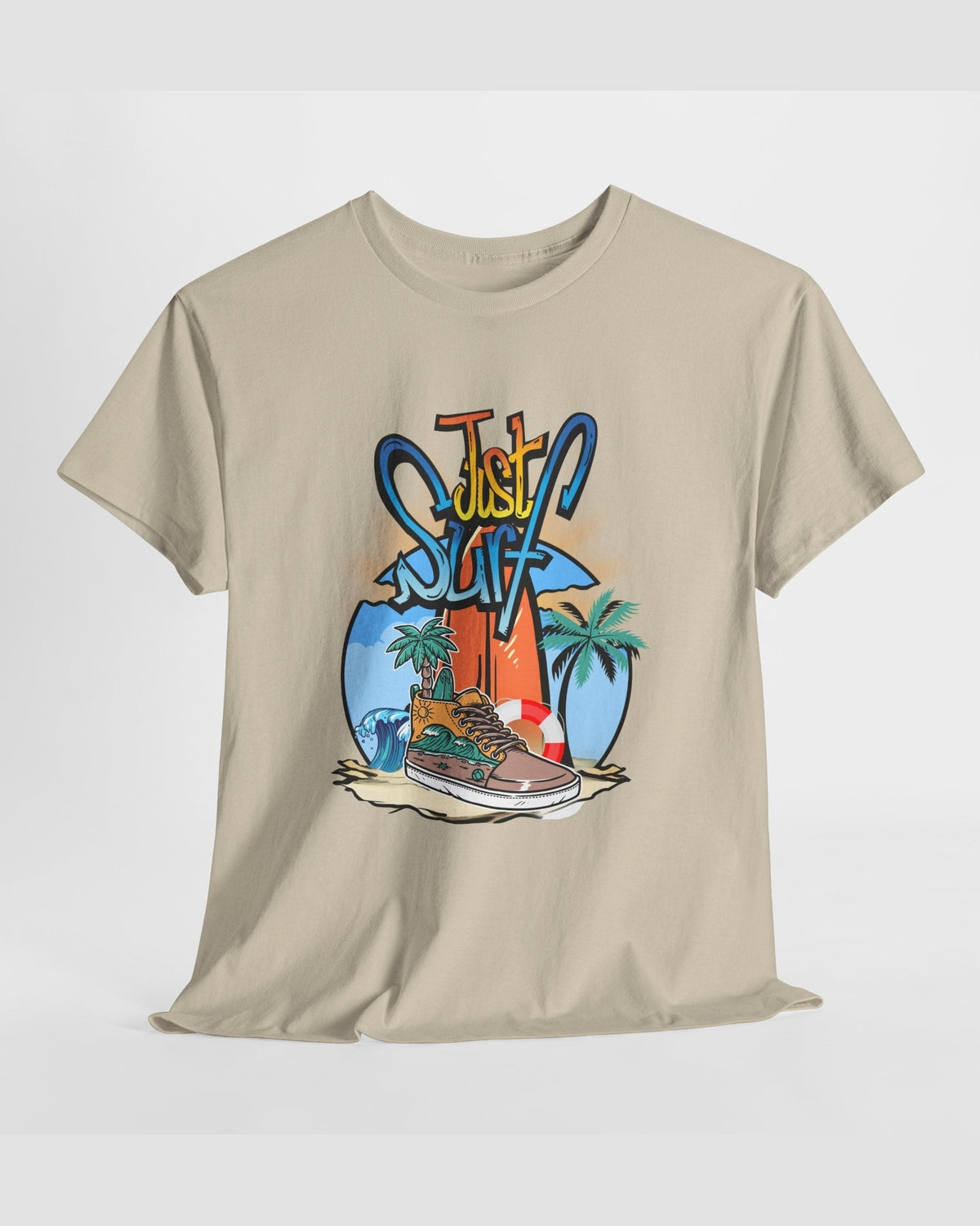 Beige t-shirt with 'Just Surf' graphic design featuring a shoe, surfboard, and palm trees on a white background.