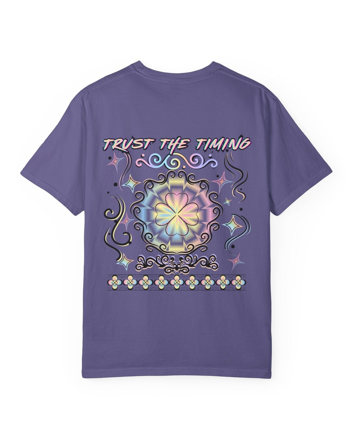 Purple t-shirt with a colorful graphic four leaf clover design and a text trust the timing on a white background