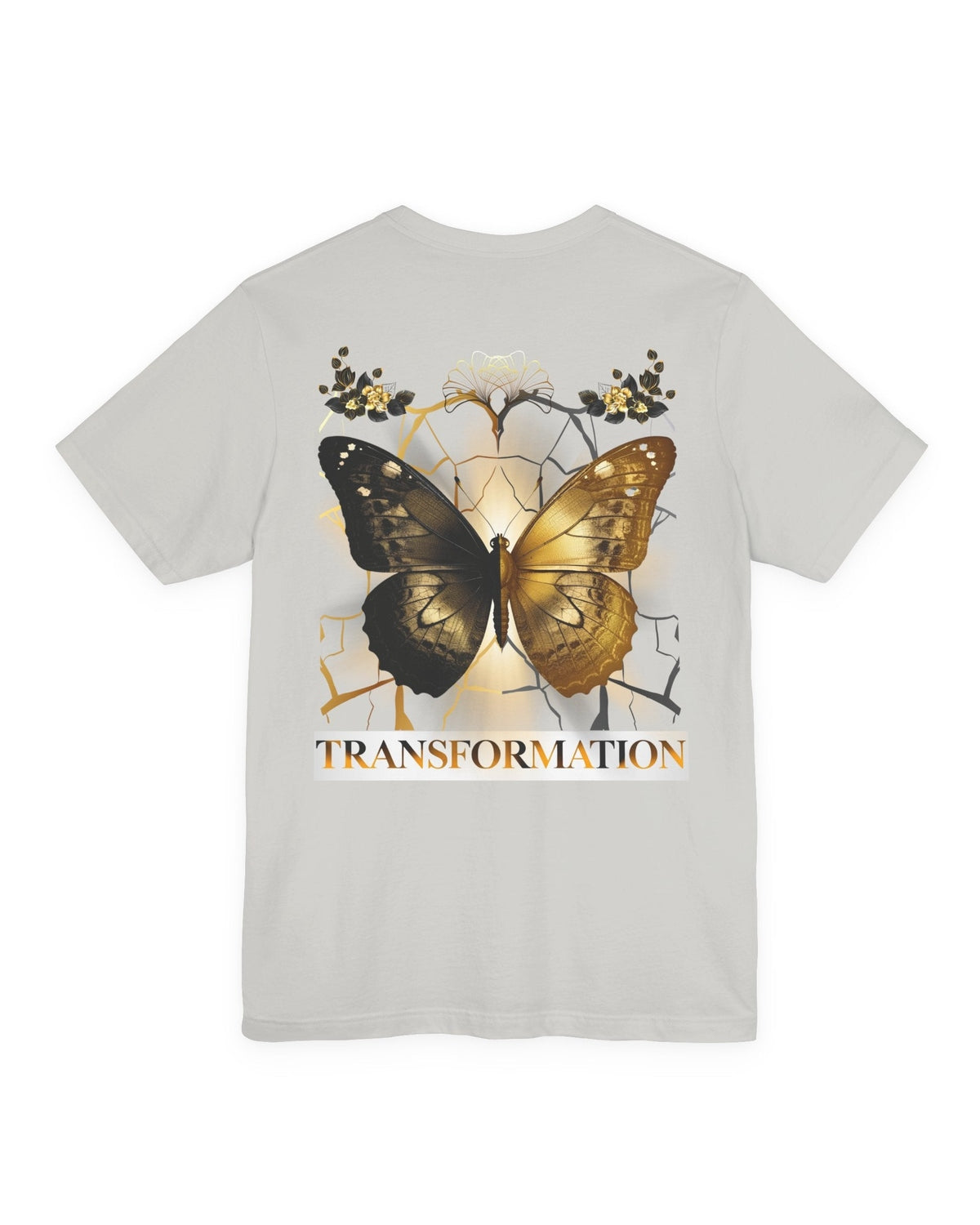 A grey t-shirt with a gold and brown butterfly graphic and 'TRANSFORMATION' text on a white background.