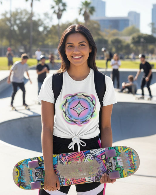 Woman wearing a White t-shirt with a colorful mandala design in a skateboard court 