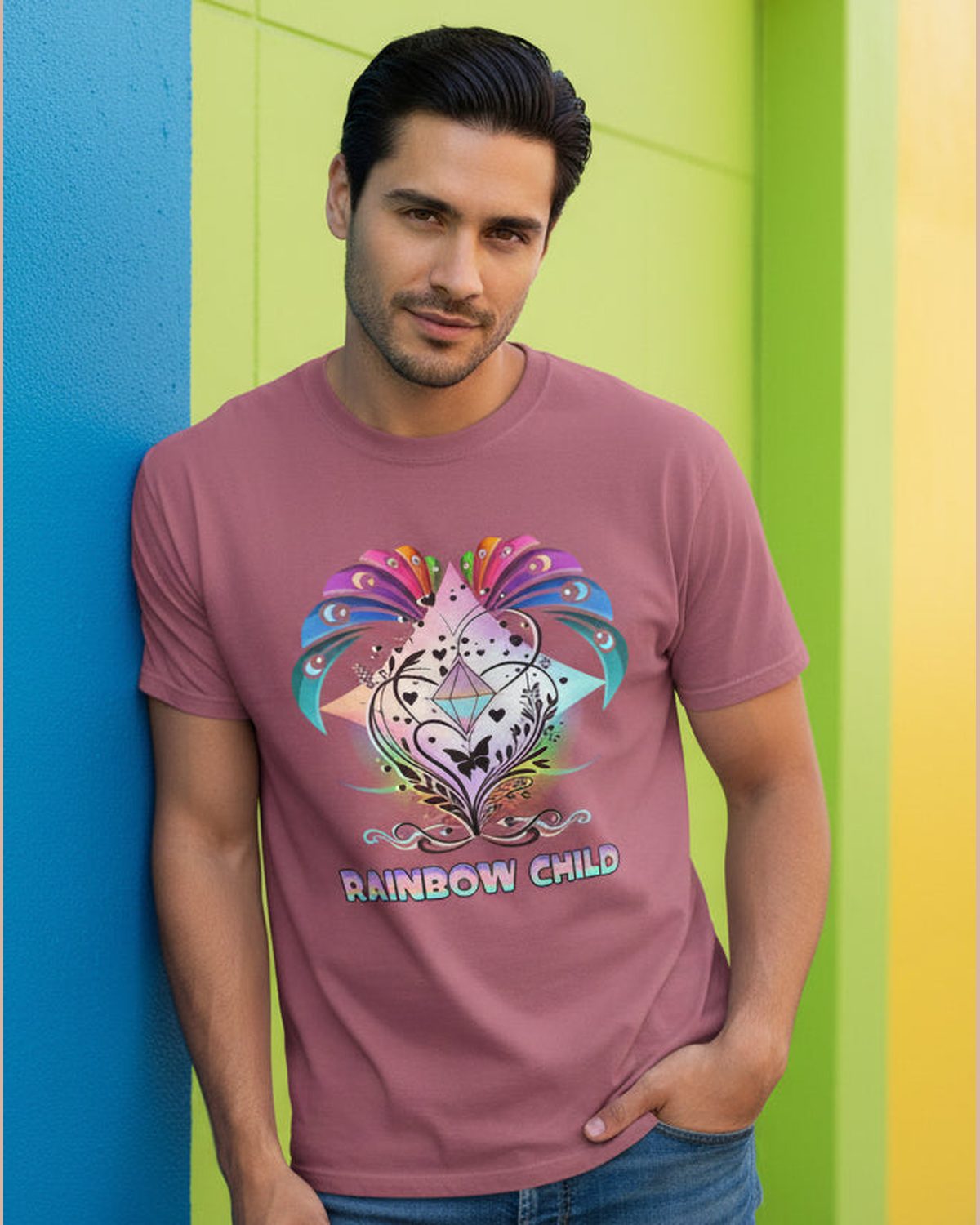 Man wearing a maroon t-shirt with a colorful diamond graphic and 'Rainbow Child' text leaning on a wall