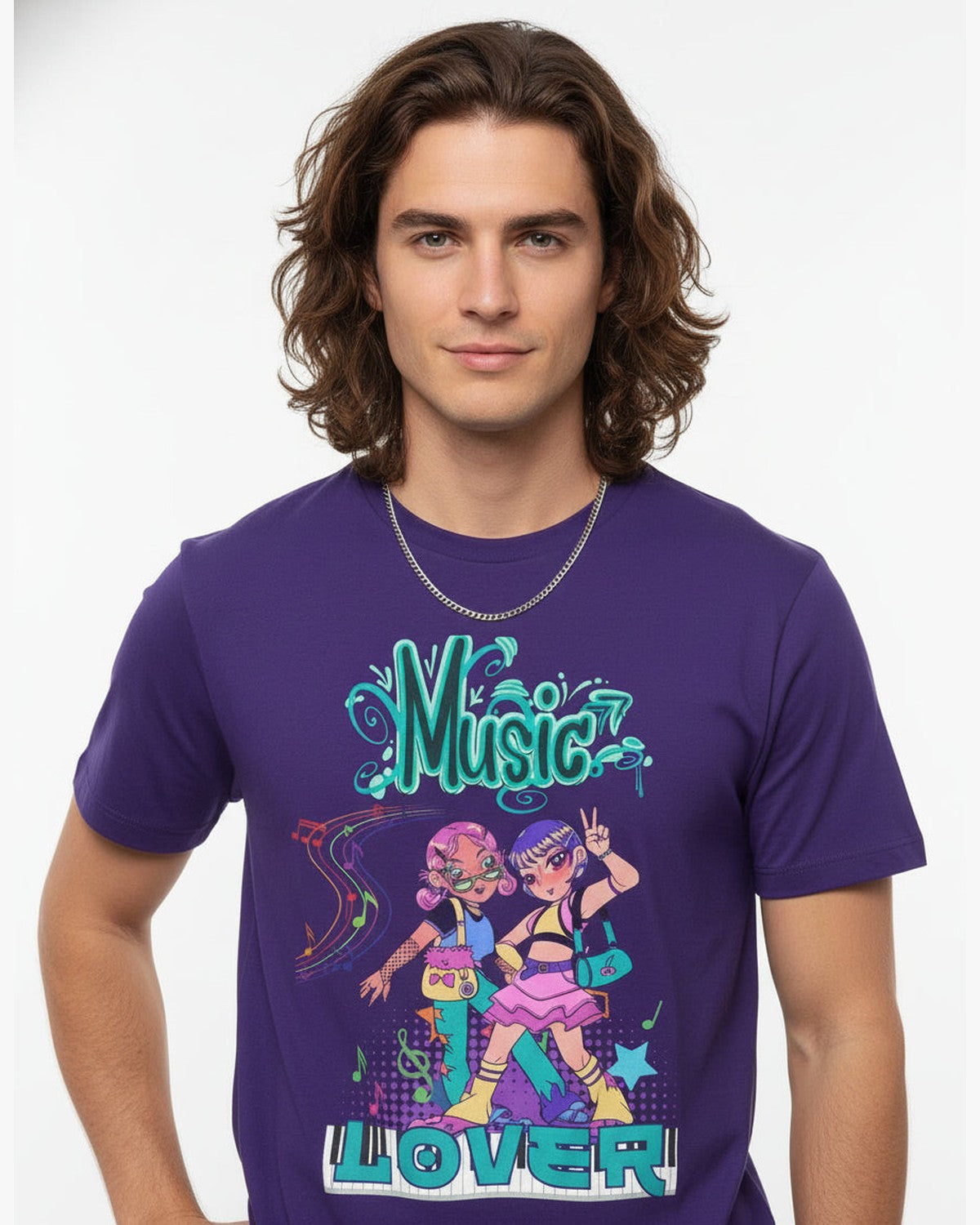 Purple t-shirt with 'Music Lover' design featuring two Anime dancing characters on a white background
