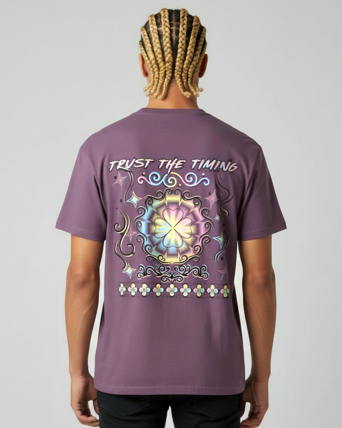 Men's wedding a dark red shirt with a colorful rainbow four-leaf clover and a text on a light gray background