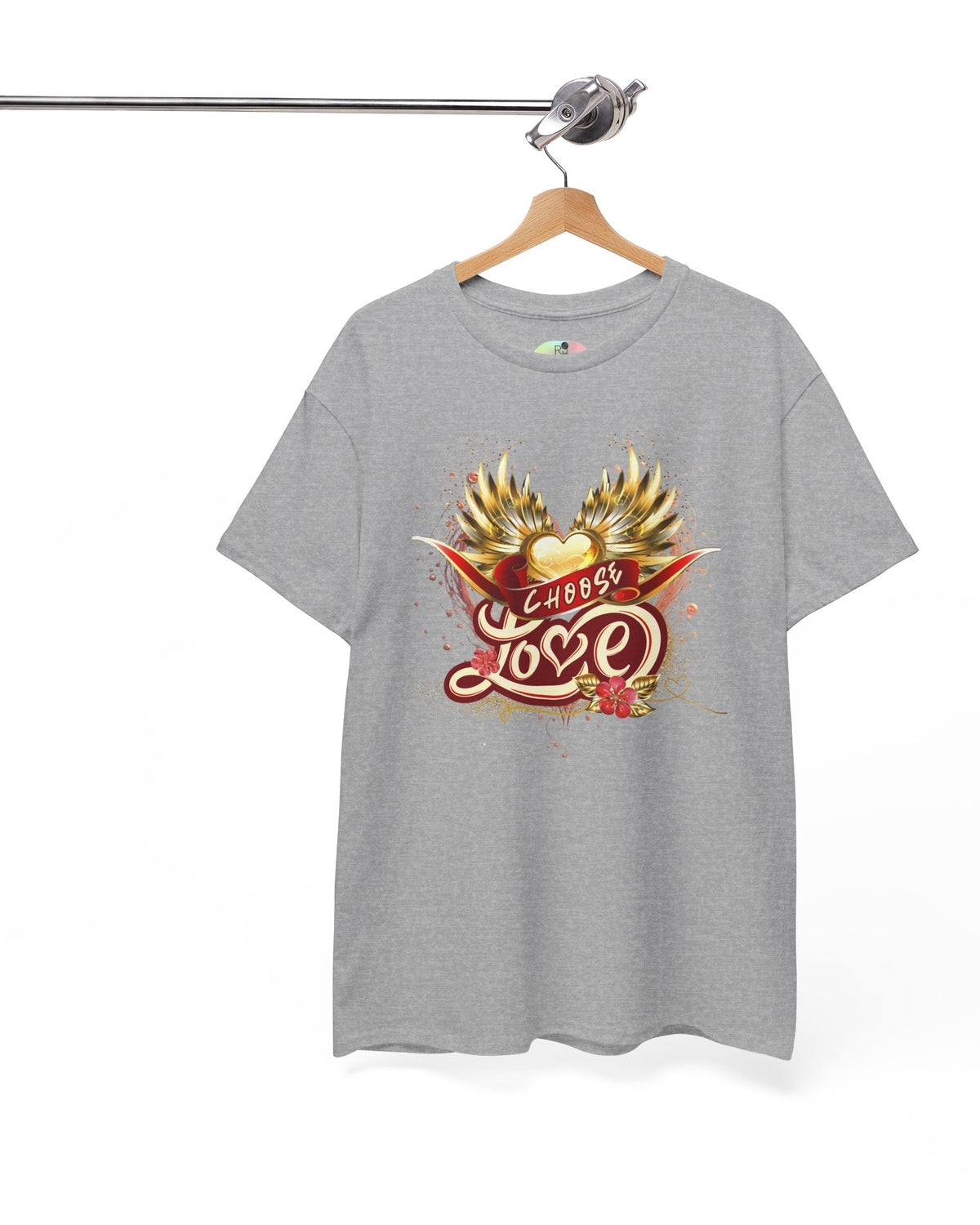 Grey t-shirt with a colorful graphic design and text Choose love on a hanger against a white background