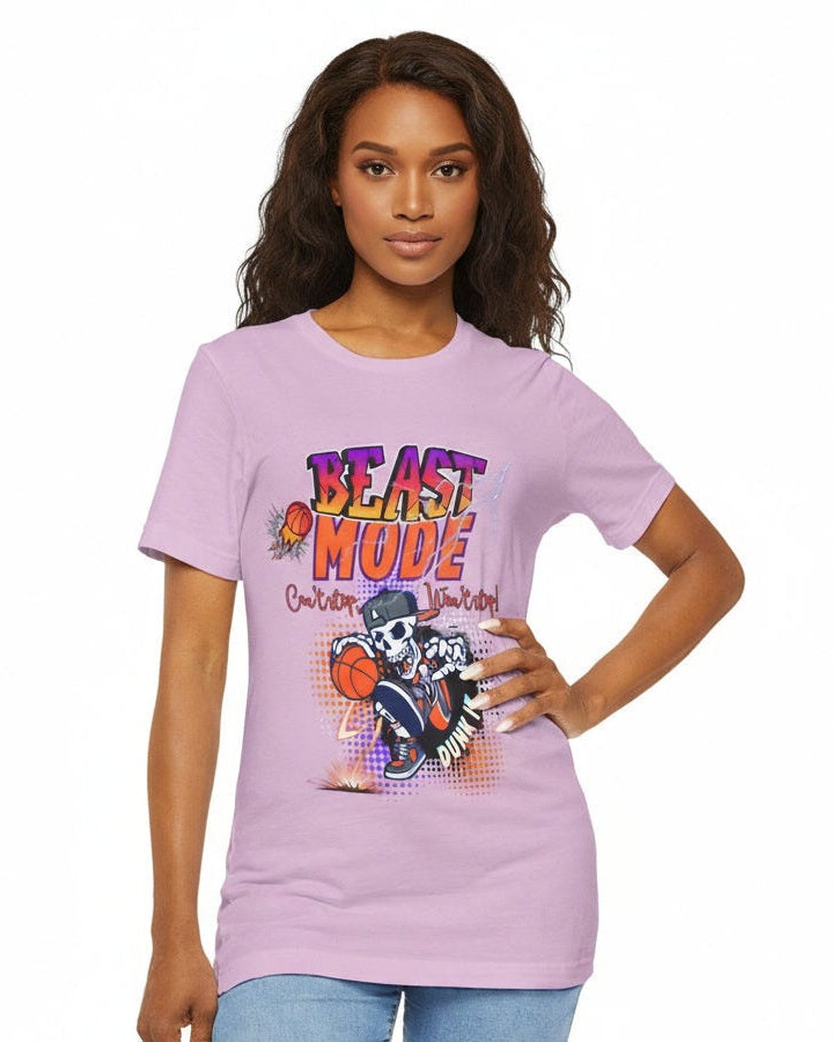 Woman wearing a purple t-shirt with a motivational  quote 'Beast Mode Cant Stop Wont Stop' and a basketball graphic design on a white background