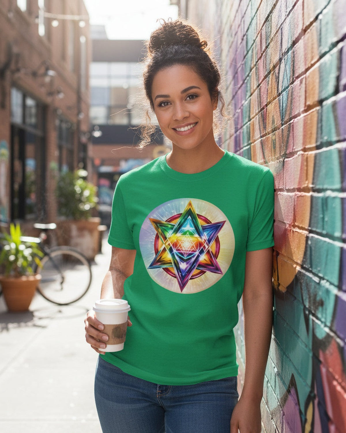 Woman wearing a green t-shirt with a colorful Merkaba design,leaning on a colourful wall holding a cup of coffee 
