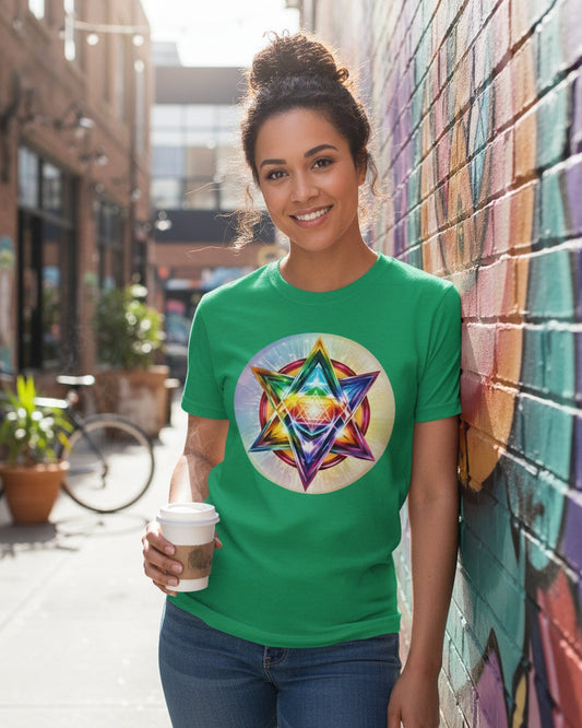 Woman wearing a green t-shirt with a colorful Merkaba design,leaning on a colourful wall holding a cup of coffee 