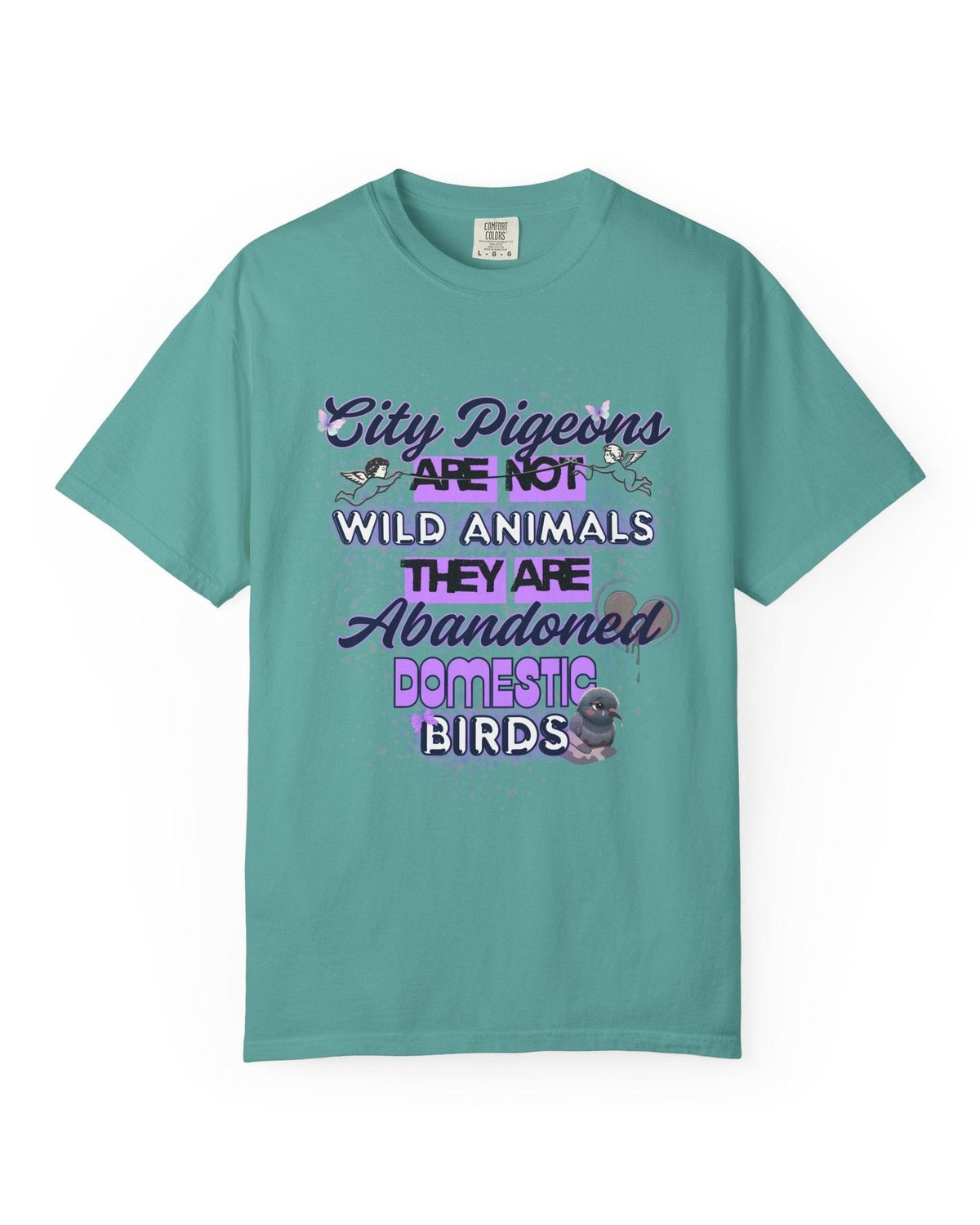 Teal t-shirt with purple text and pigeon and butterflies graphics on a white background