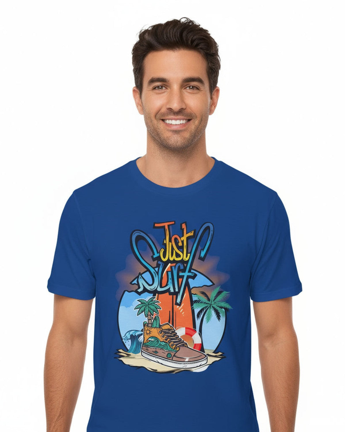 Blue t-shirt with 'Just Surf' graphic design on a white background