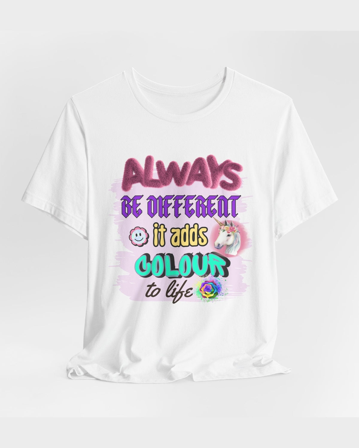 White t-shirt with colorful text and graphics on a white background