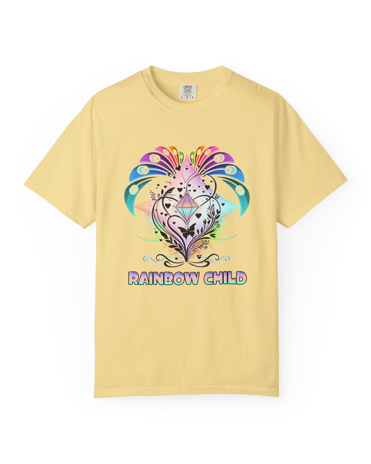 Yellow t-shirt with a colorful diamond design and 'Rainbow Child' text on a white background
