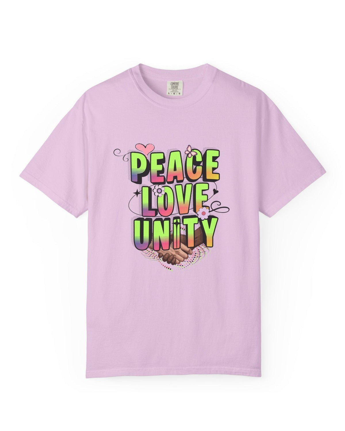 Pink t-shirt with 'Peace Love Unity' text and graphic on a white background