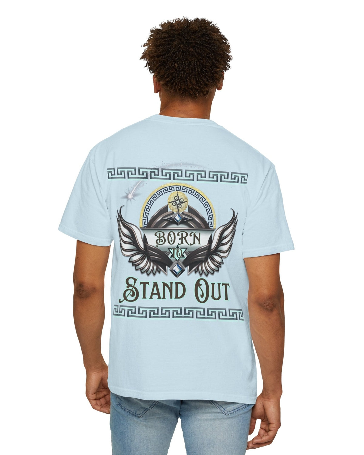Person wearing a light blue t-shirt with a wing graphic design and a text Born to Stand Out on the back, standing against a white background.