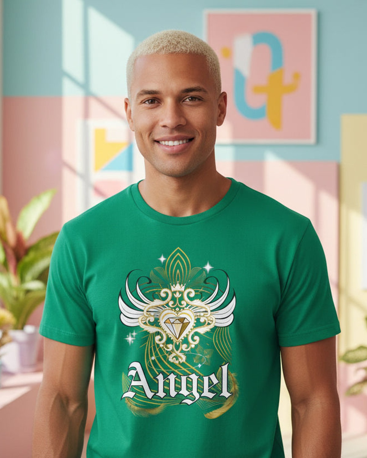 Man wearing Green t-shirt with angel design, gold diamond and elements with 'Angel' text on a colorful background