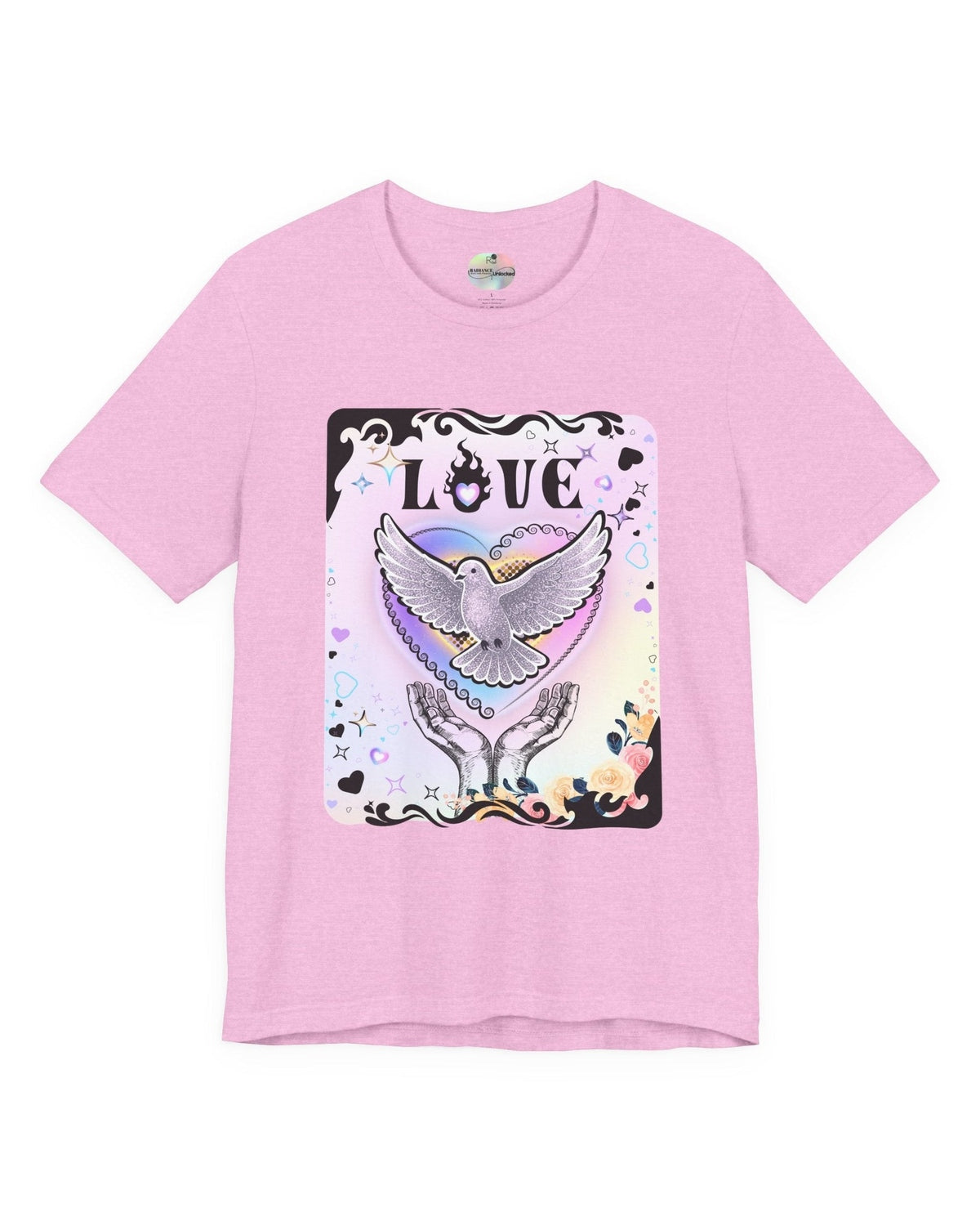 Bubble gum pink tshirt with vibrant pink and purple pastel colours, flowers and a pigeon in rainbow heart coming out of hands with the text Love on a white background 