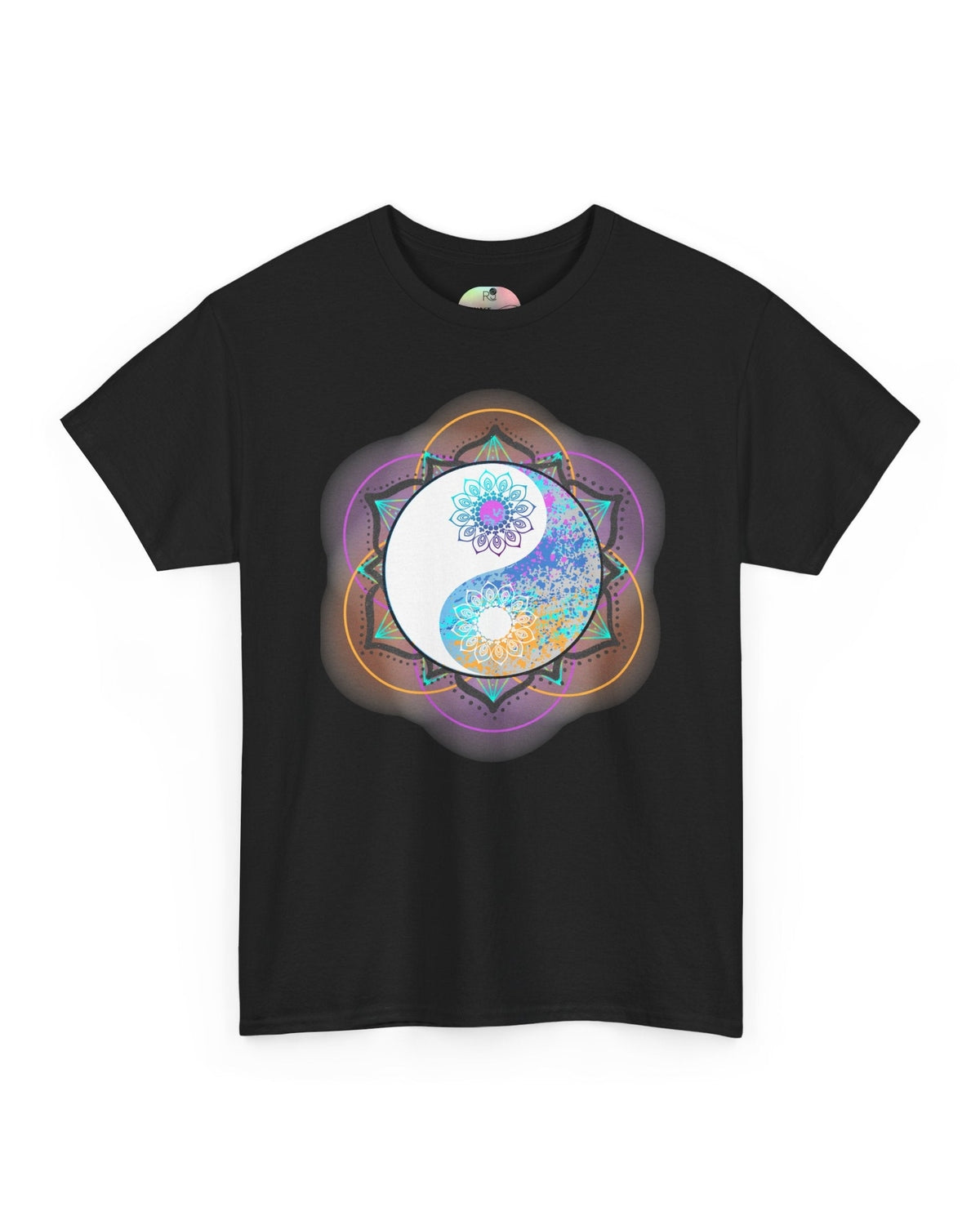 Black t-shirt with a colorful floral mandala design featuring a yin yang symbol on a white background.