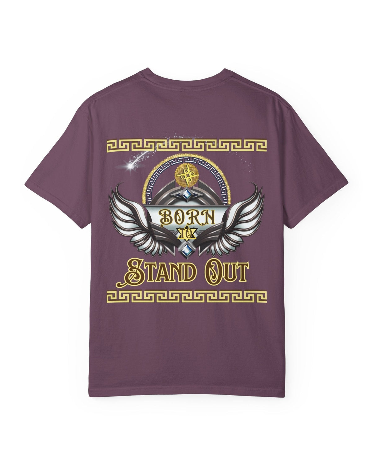 Maroon t-shirt with a winged graphic design and a text Born to Stand Out on the back featuring wings and text.