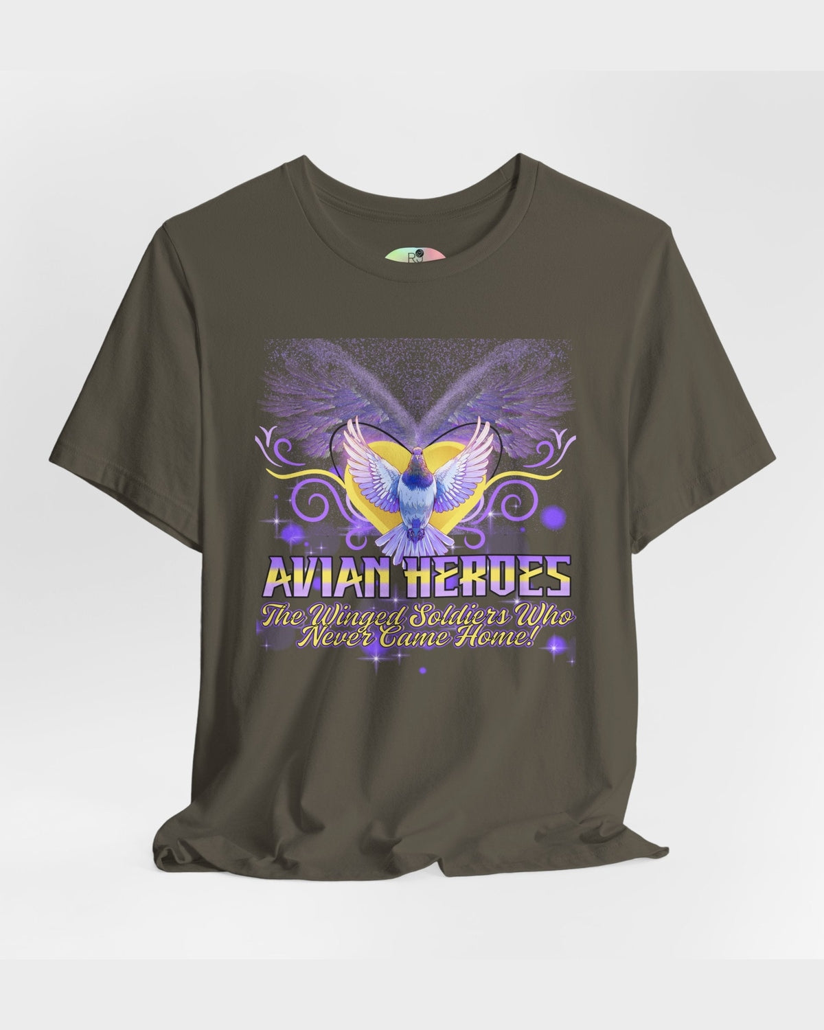 Brown t-shirt with a pigeon graphic and text Avian Heroes on a white background