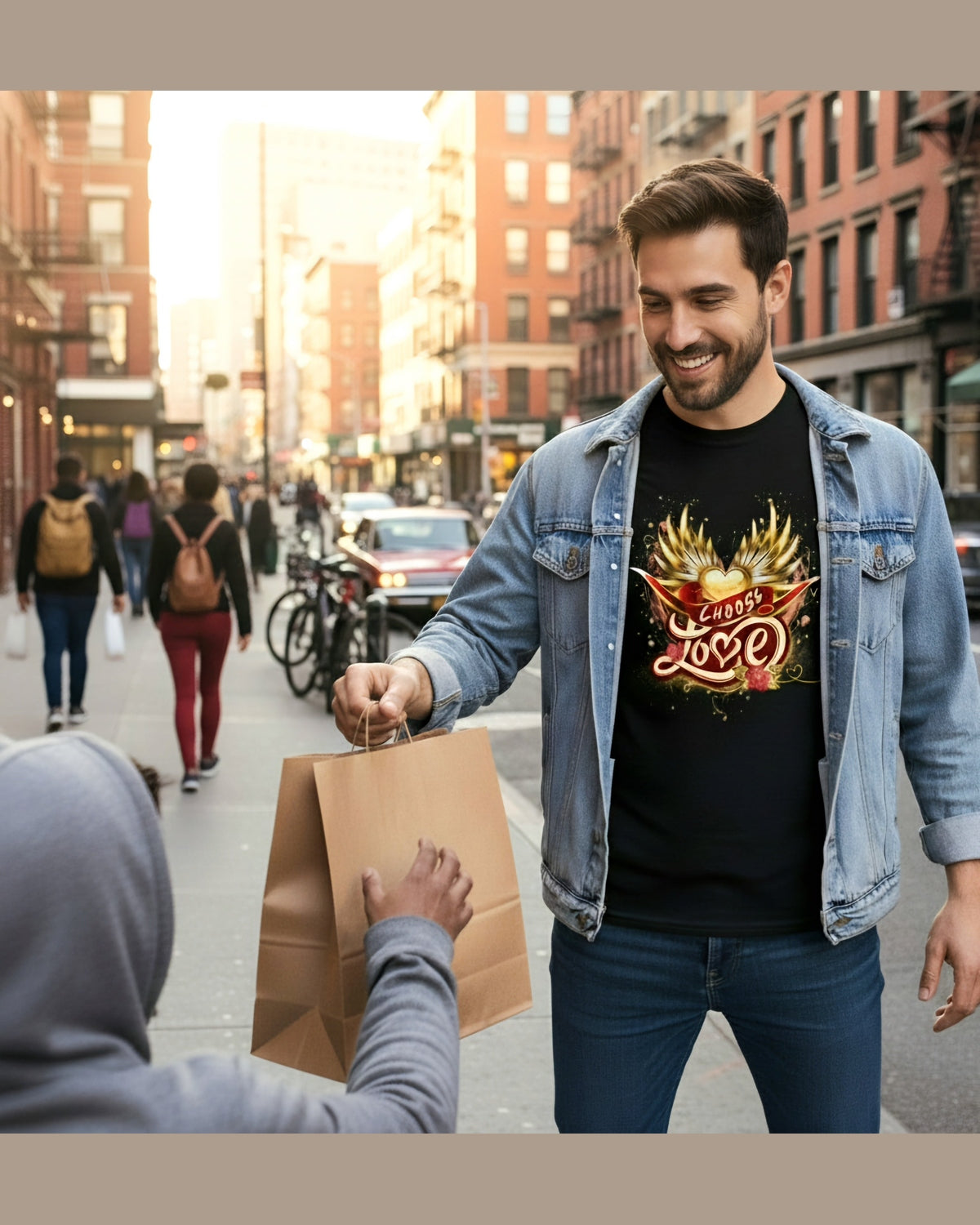 Man in a city street handing over a brown paper bag to homless person, wearing a black t-shirt with a golden wings and heart design and a text Choose Love.