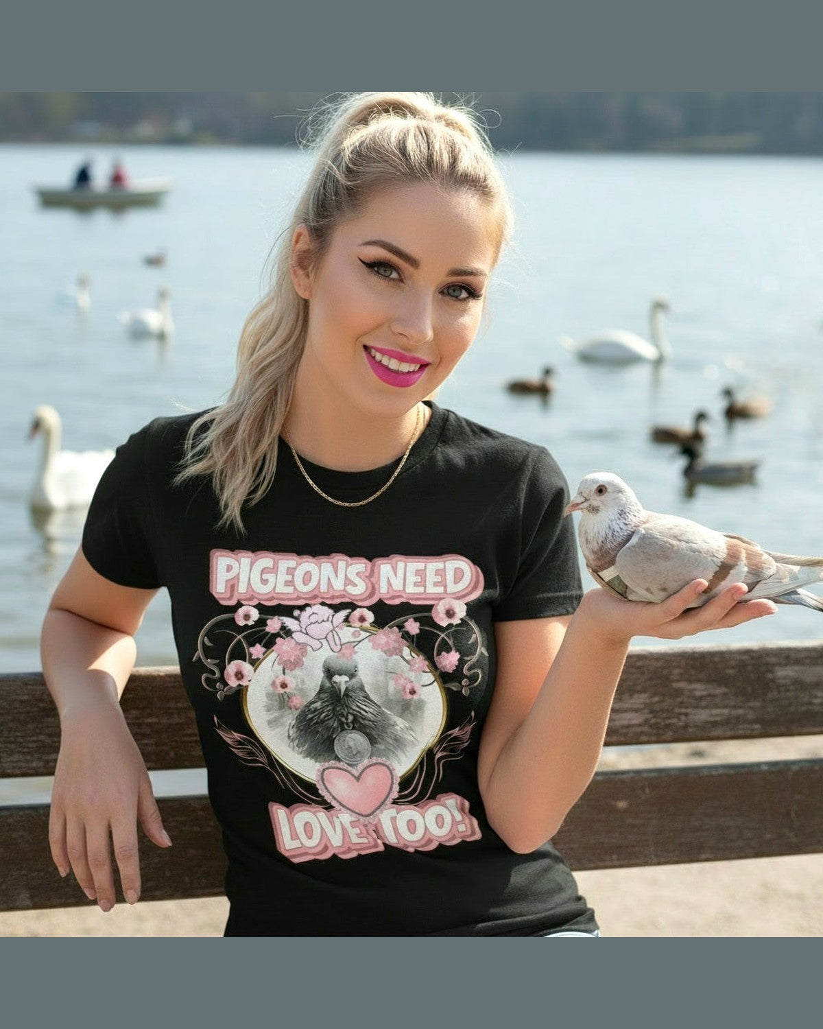 Woman holding a pigeon wearing a black t-shirt with a pigeon graphic and text Pigeons Need Love too by a lake.
