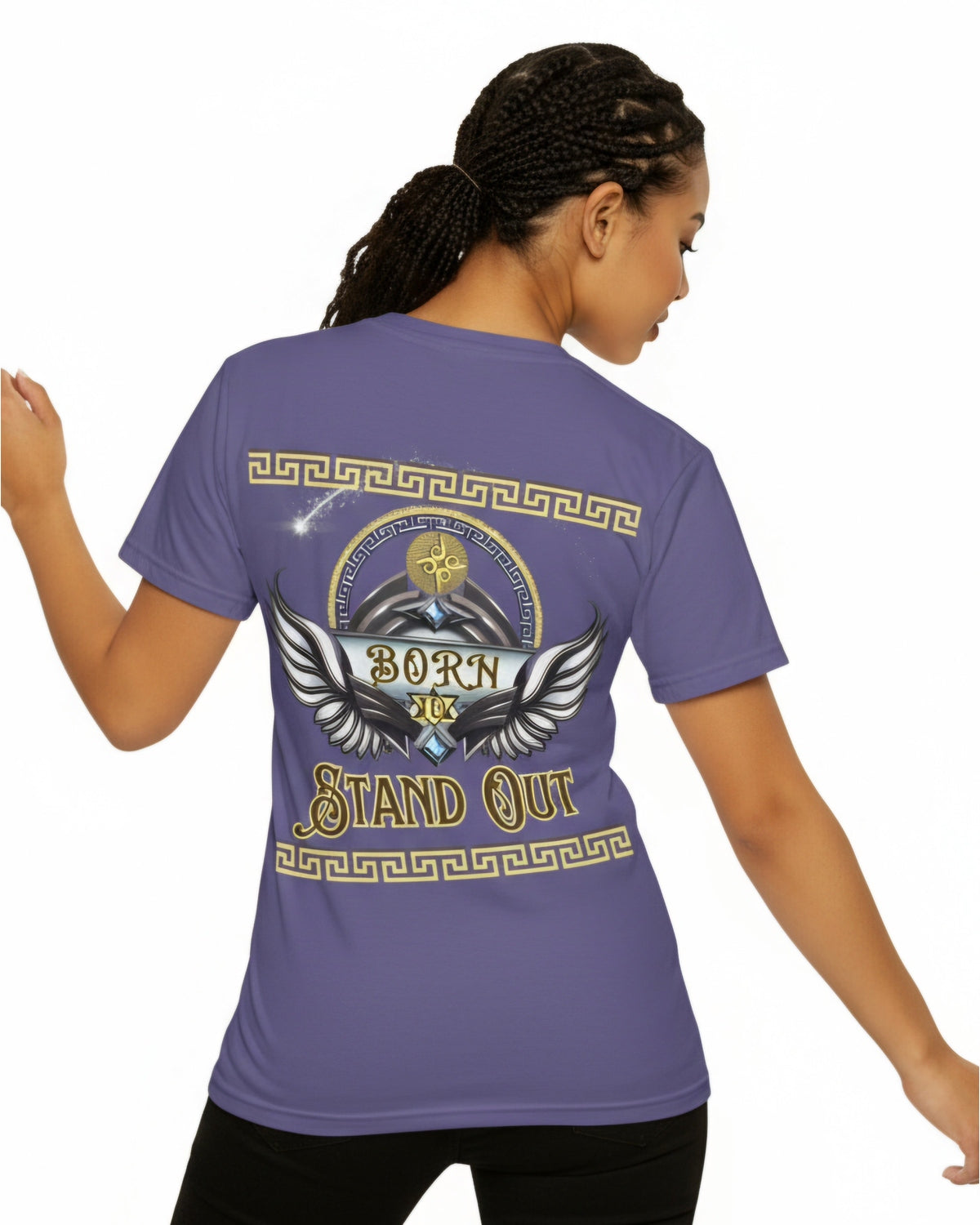 Person wearing a purple t-shirt with a winged design and text Born to Stand Out on the back