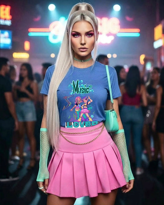 Woman in a blue t-shirt with Anime graphic design with a text Music Lover and pink skirt standing in a neon-lit urban setting