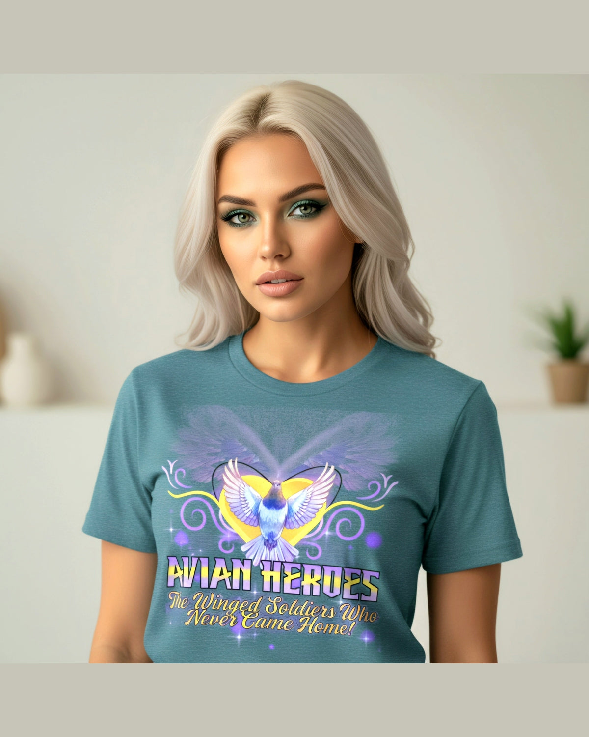 Woman wearing a teal pigeon t-shirt with a golden heart & purple pigeon graphic design and text Avian Heroes on beige background.