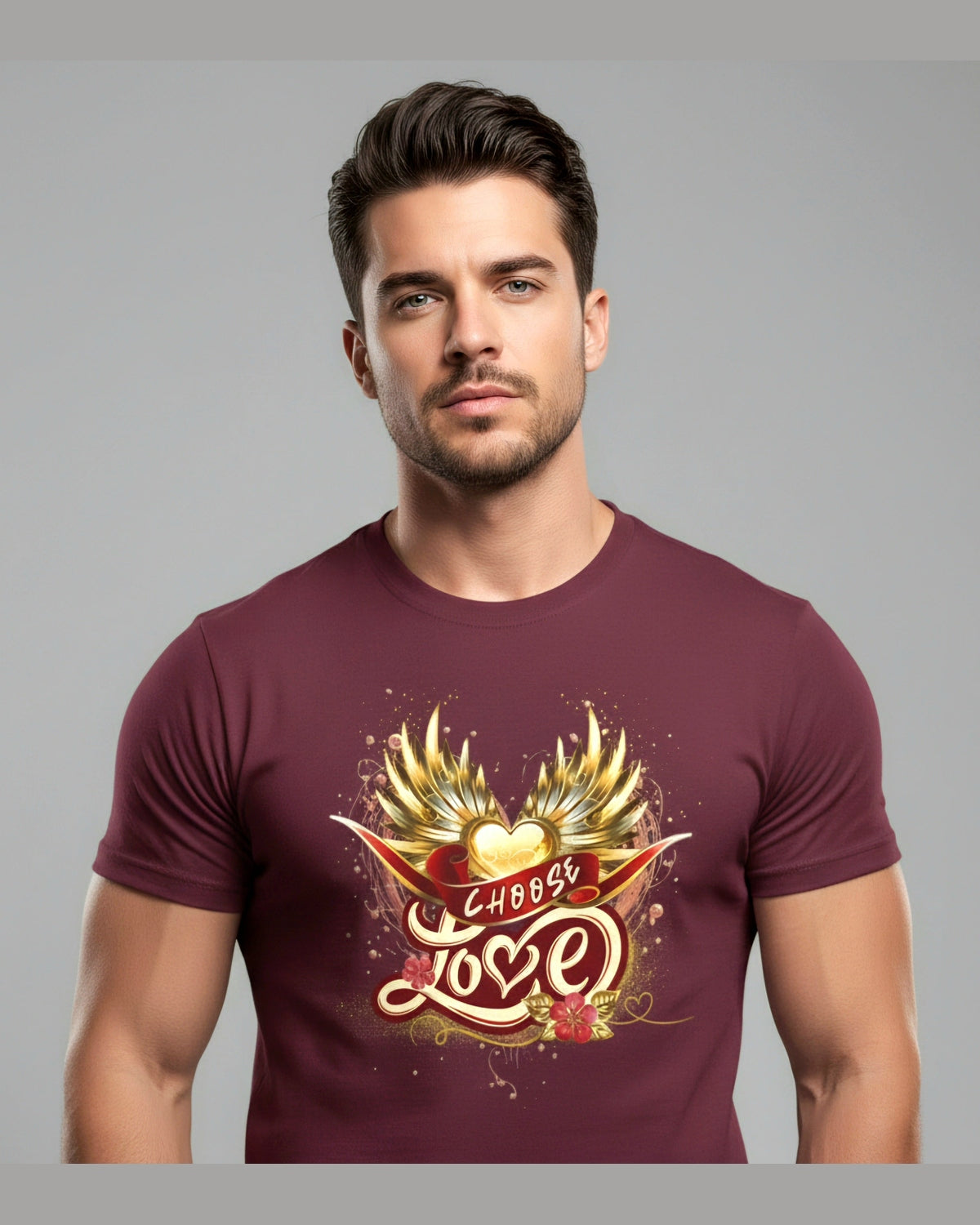 Person wearing a maroon t-shirt with  golden wings and heart and the word 'Choose Love' design on a grey background