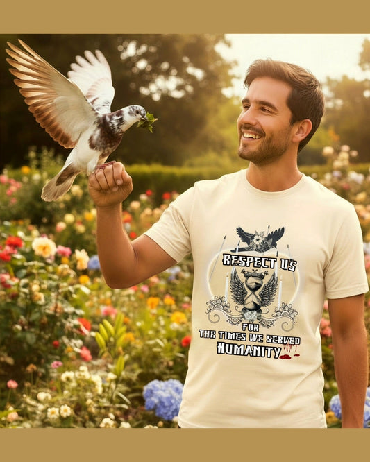 Man holding a pigeon with a floral background and a t-shirt with a pigeon tribute message 'Respect Us for the times we served Humanity'.
