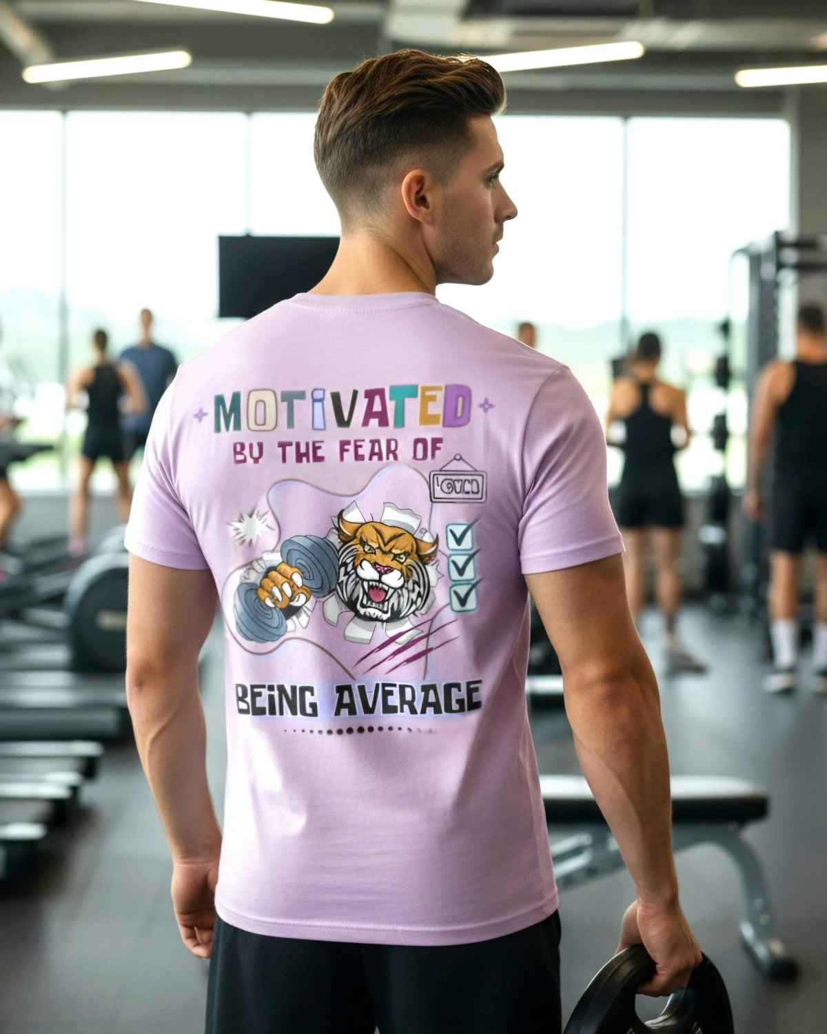 A man wearing a purple t-shirt with a fierce tiger holding a dumbell and a motivational quote 'Motivated by the fear of being average' in a gym setting.