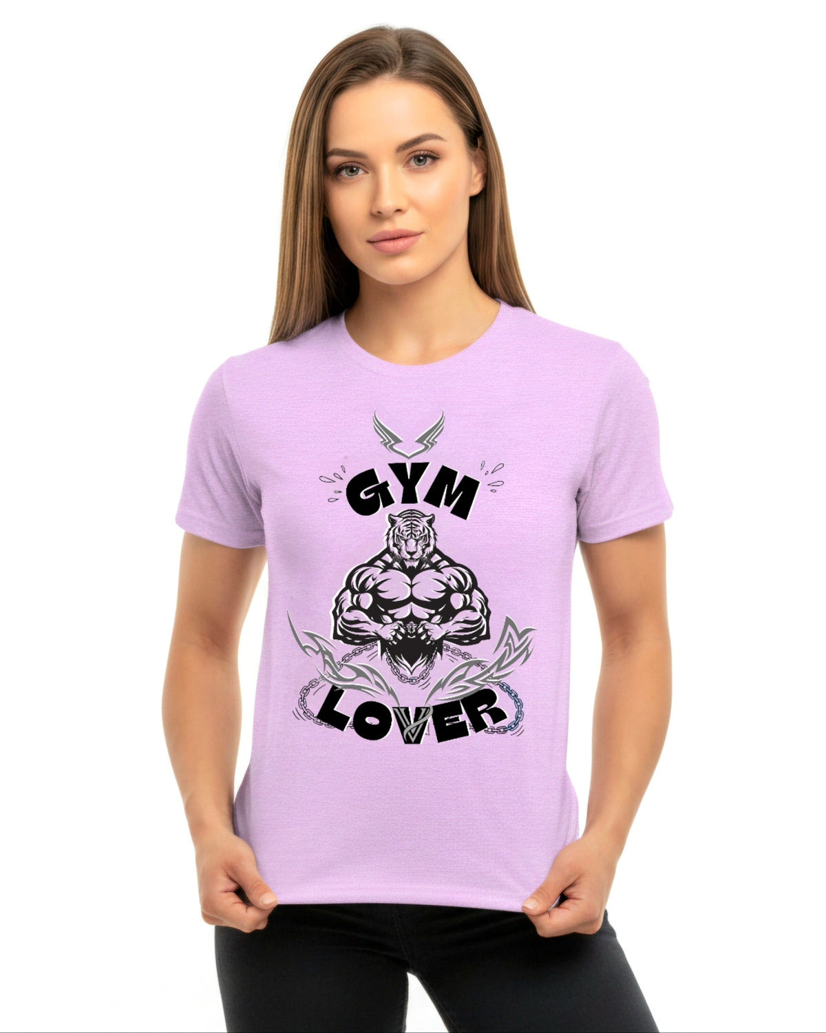 Woman wearing a purple t-shirt with black graphic design featuring a muscular tiger and 'Gym Lover' text on a white background