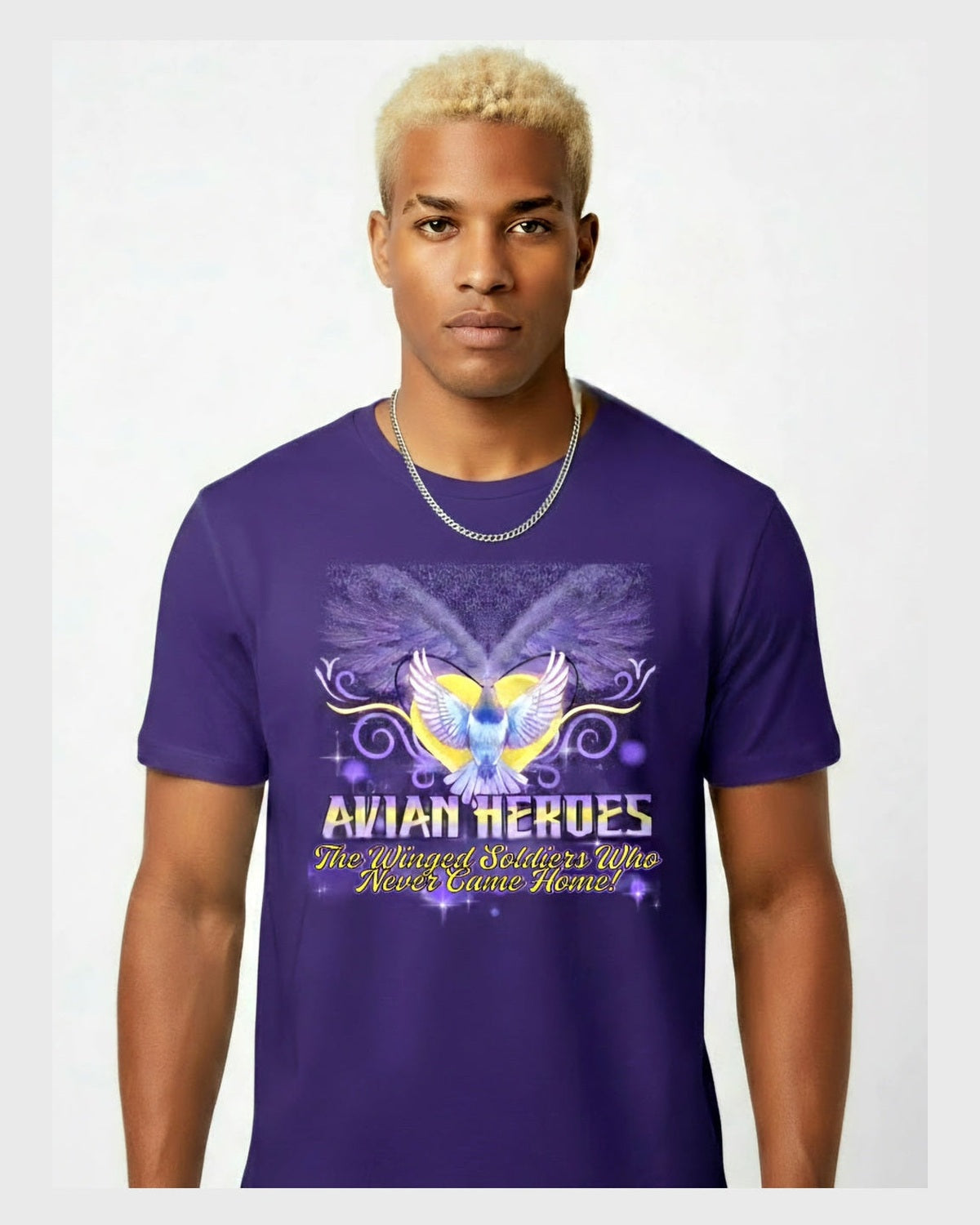 Man wearing a purple t-shirt with 'Avian Heroes' design on a white background