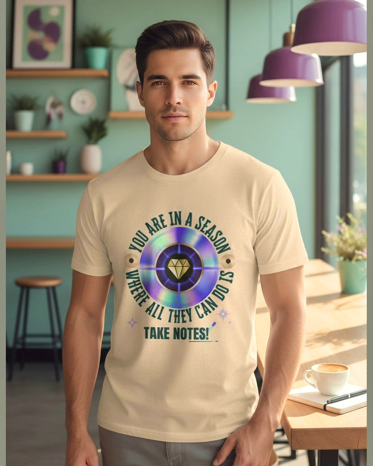 Man wearing yellow t-shirt with motivational quote You are in a season where all they can do is take notes and colorful graphic at a coffee shop
