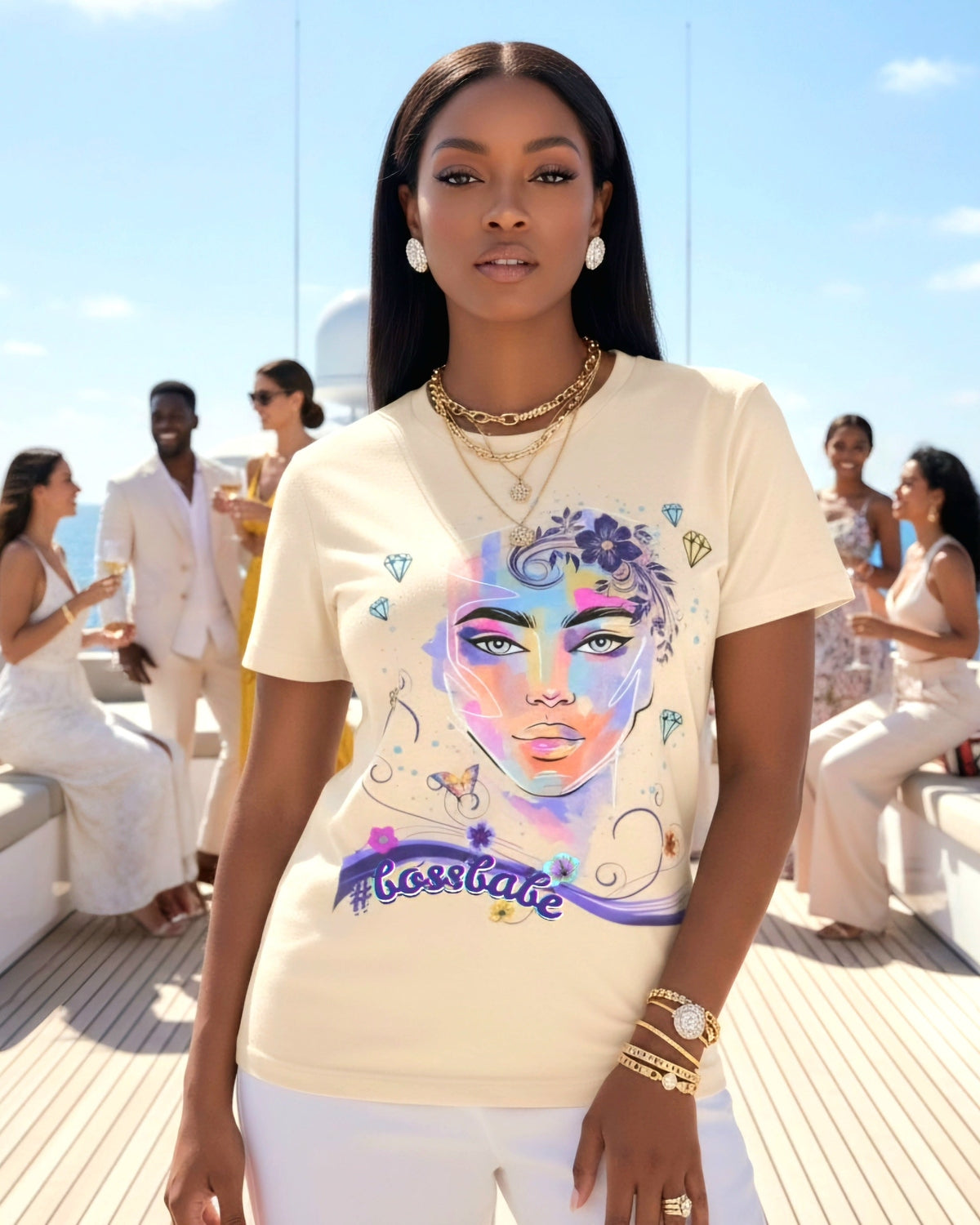Womah is wearing a shirt with a colorful graphic design of a female face, diamonds and flowers and a text #bossbabe on a white background